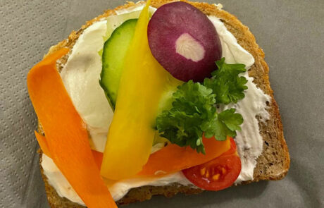 Reichhaltig belegt: Ein Vollkornbrot mit Streichkäse, Paprika, Gurke, Tomate, Radieschen und Petersilie